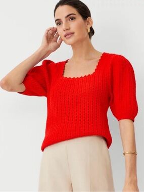 Ann Taylor Bright Red Knit Square Neck Puff Sleeve Sweater Top